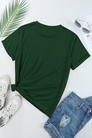 Dark green cotton blend t-shirt with cuffed sleeves and a knotted hem.