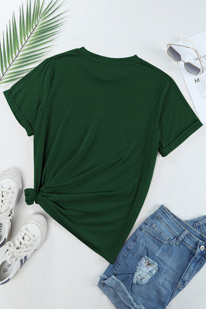 Dark green cotton blend t-shirt with cuffed sleeves and a knotted hem.