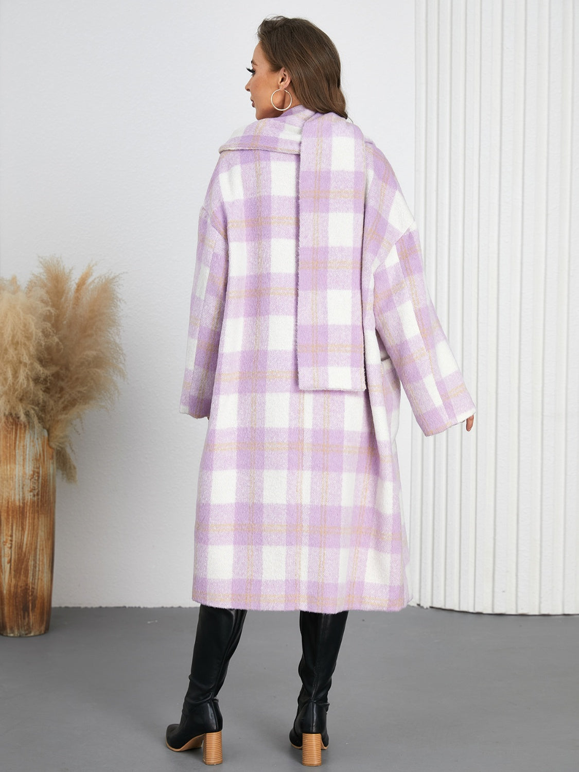 Checked plaid cocoon coat and scarf set in Pink Purple, featuring a relaxed fit and shawl collar.