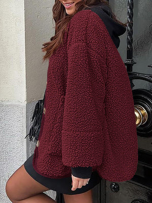 Burgundy teddy-texture button-up jacket with corduroy trim and black hoodie.