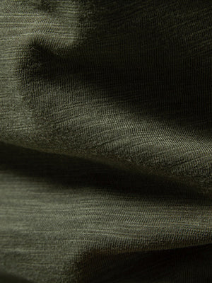 Men's Army Green cotton blend t-shirt with a textured weave and curved hem detail.