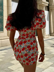 Floral Ruched Mini Dress With Puff Sleeves