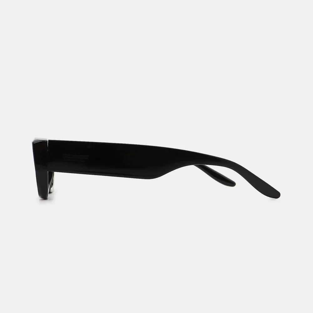 Black angular acetate sunglasses with thick frames and temples.