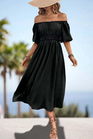 Black off-shoulder puff sleeve empire midi dress with smocked waist and A-line skirt.