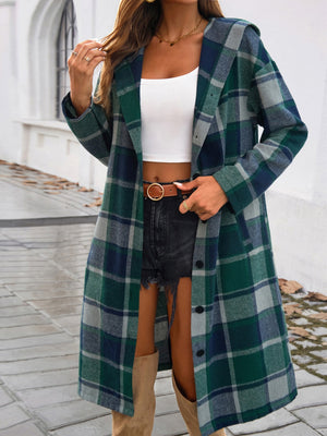 Checked plaid hooded duster coat in green and navy with button front and pockets.