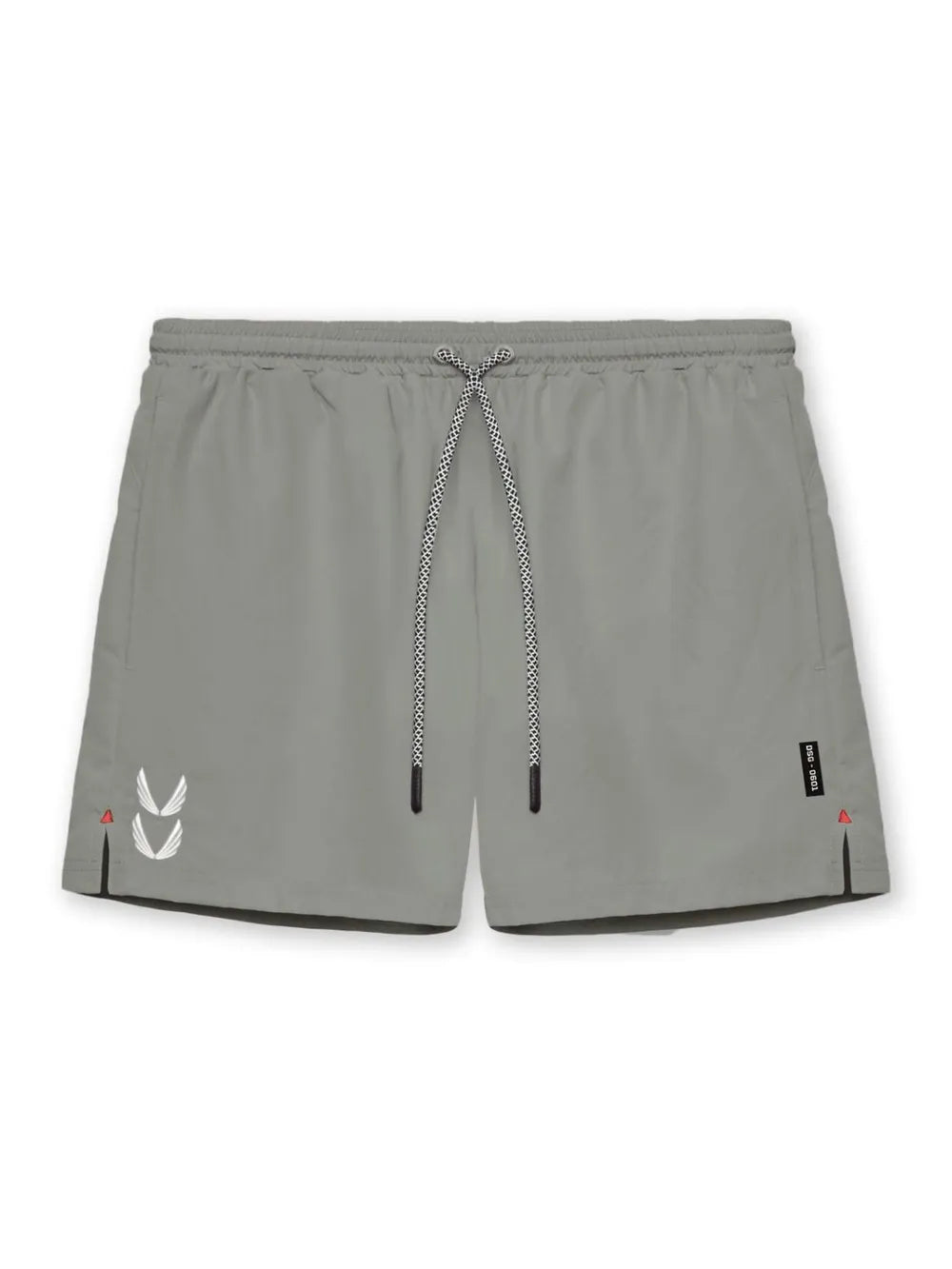 Gray performance jogger shorts with drawcord and logo details