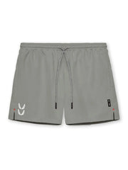 Gray performance jogger shorts with drawcord and logo details