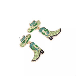 Green cowboy boot and hat dangle earrings with rhinestones