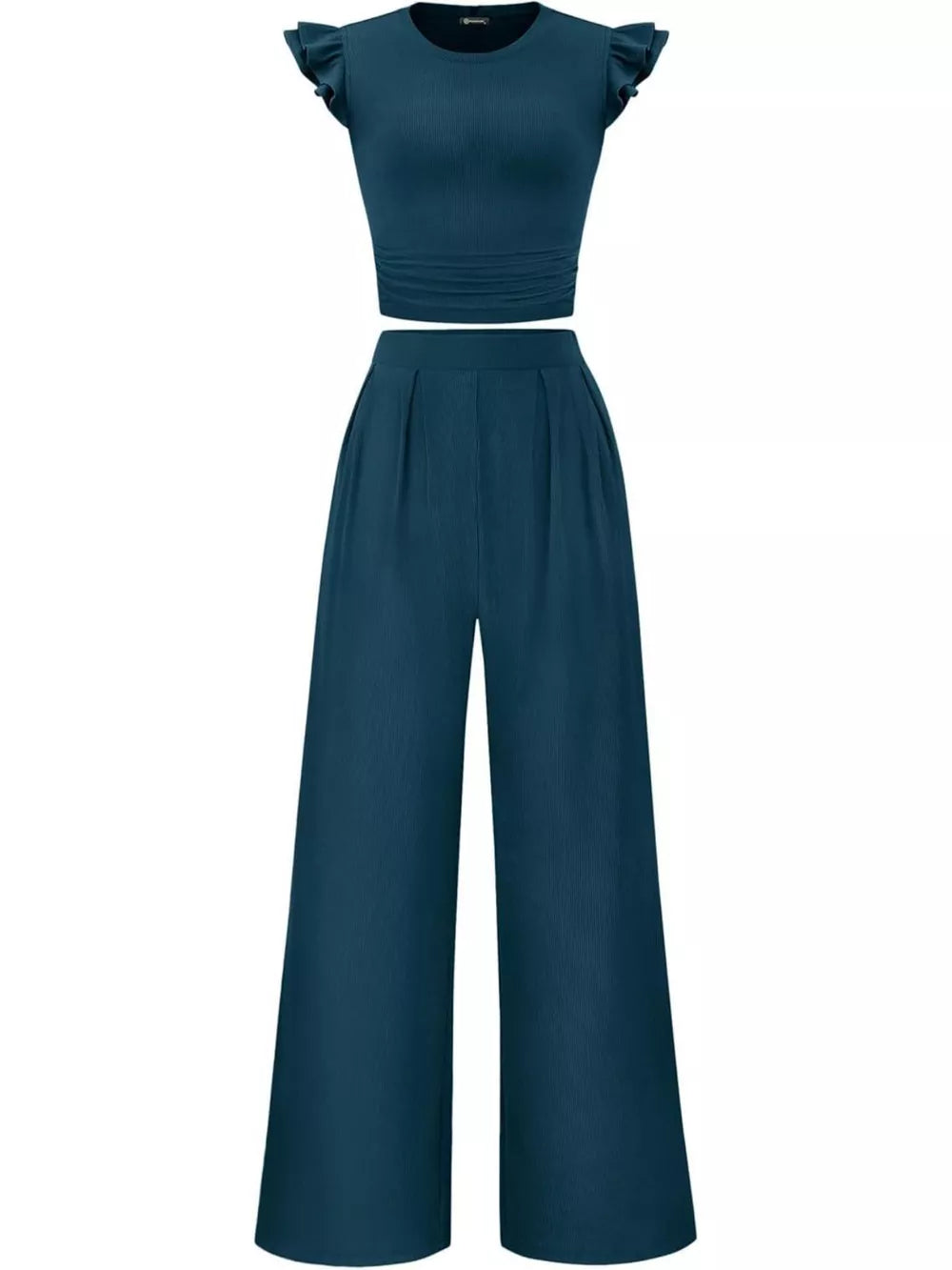 Ruffled cap sleeve maternity top and wide leg pants set in blue.