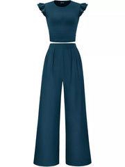 Ruffled cap sleeve maternity top and wide leg pants set in blue.