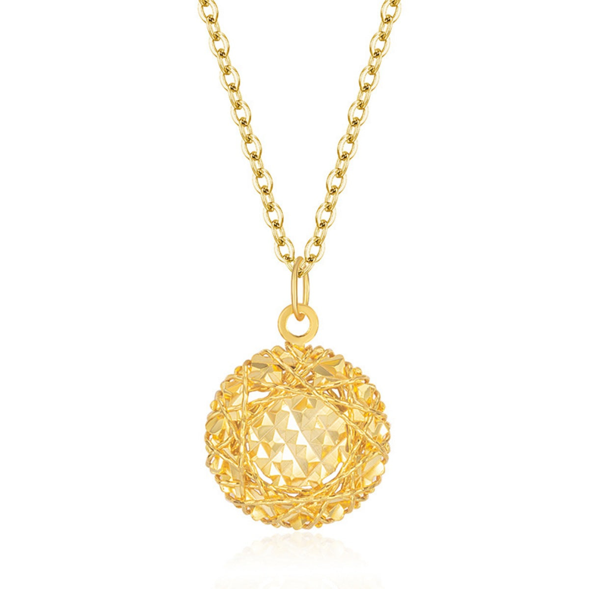 Gold plated sterling silver pendant necklace with intricate cage design and faceted center.