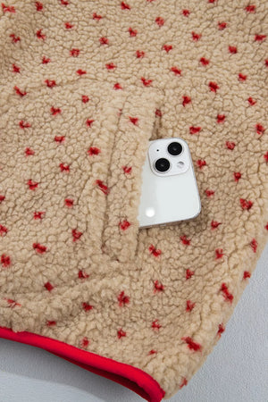 Heart Pattern Fleece Colorblock Collar Sweatshirt in Camel, product detail