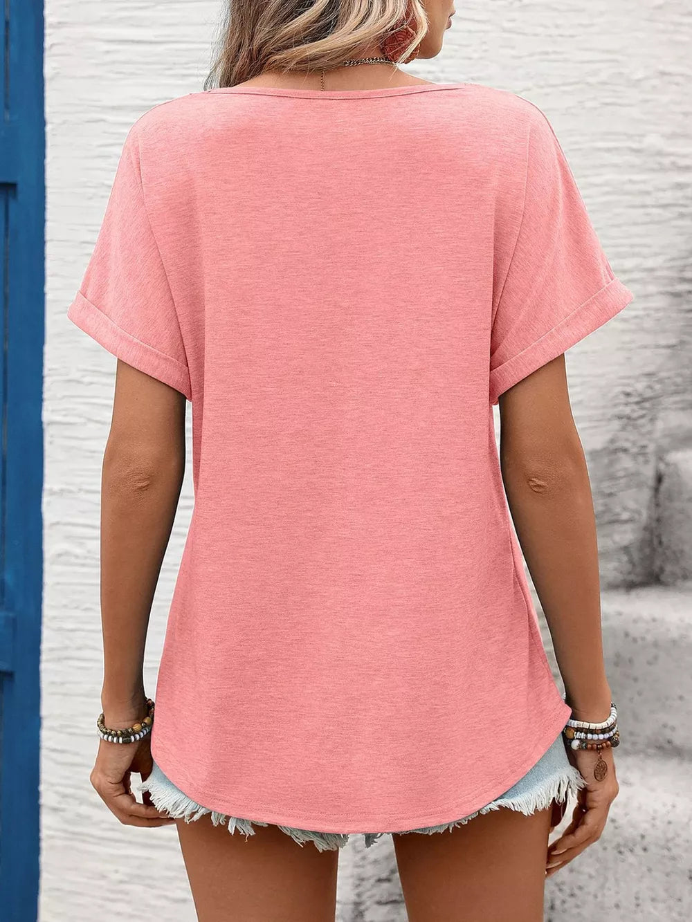 Pink relaxed fit t-shirt with cuffed short sleeves and lace trim detail