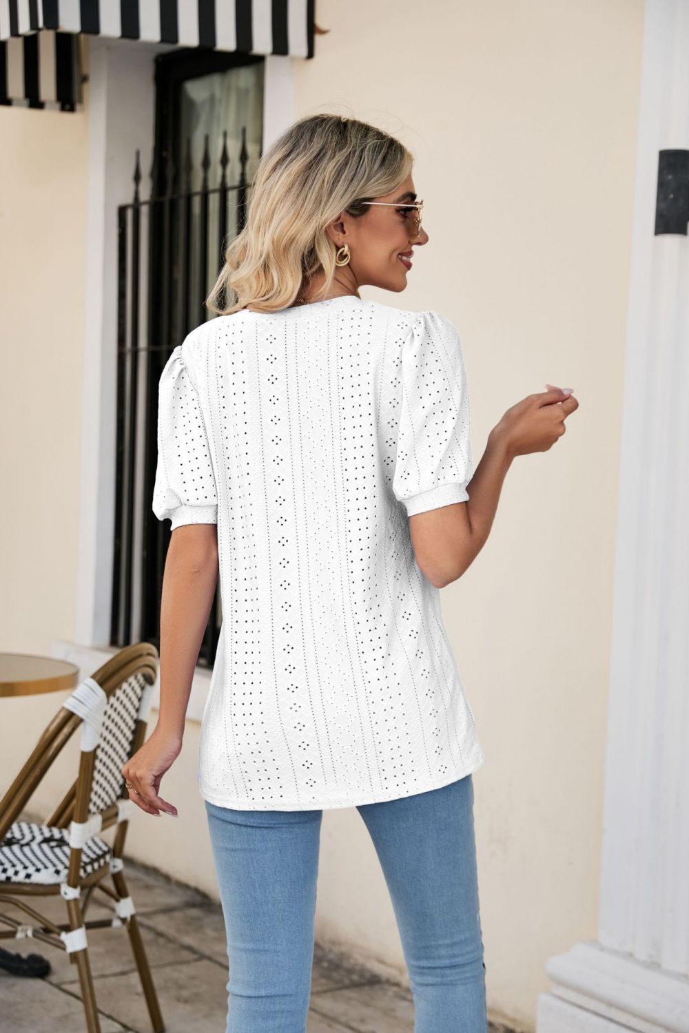 White perforated puff sleeve v-neck blouse with eyelet detail