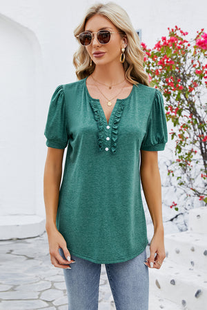 Dark Green ruffled placket puff sleeve tee with button detail