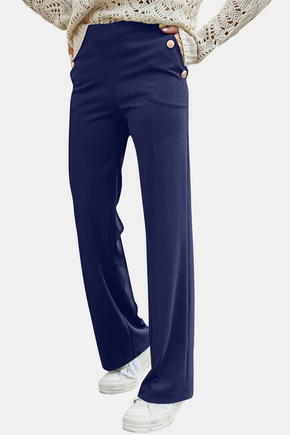 Navy wide leg trousers with button detail and gold buttons.