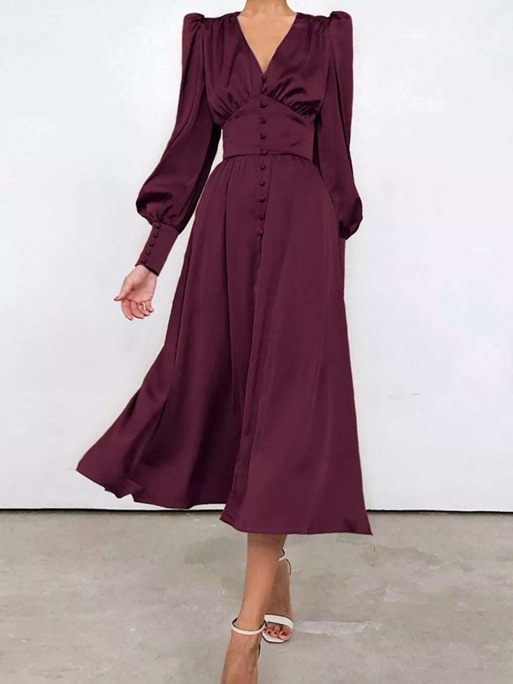 Elegant V-neck Puff Sleeve Button-down Midi Dress in White, view 12