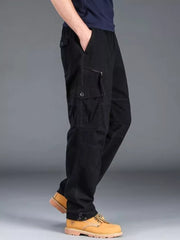 Black cargo pants for men with multiple pockets and zipper detail.