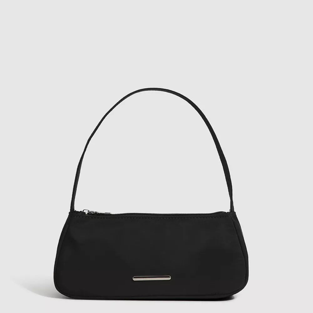 Black mini nylon shoulder bag with a sleek design and silver accent.