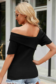 Black ribbed asymmetric off-the-shoulder top with short sleeves.