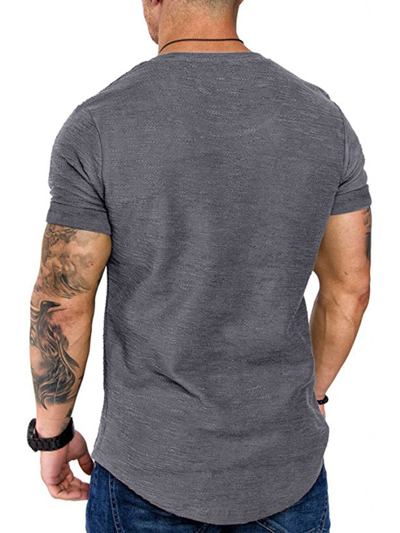 Men's grey slim fit round neck t-shirt with textured fabric and curved hem