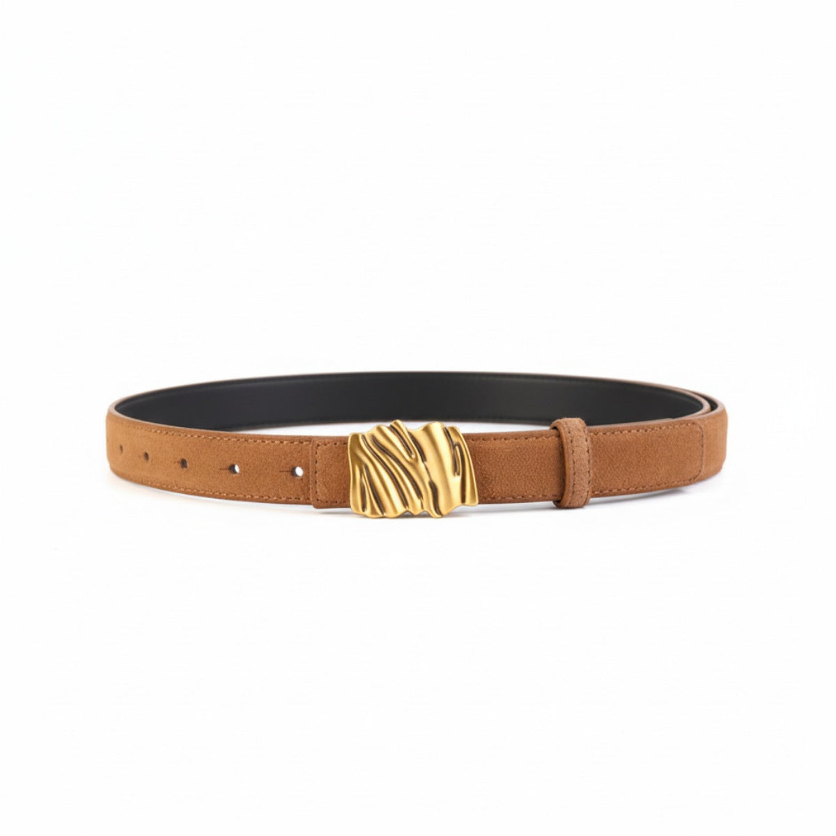 Brown cowhide leather belt with abstract gold buckle