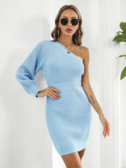 One-sleeve knit mini dress in Pastel Blue with a ribbed texture and cinched waist.