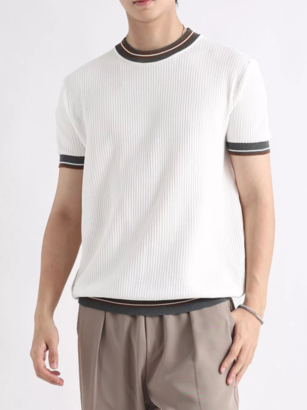 White ribbed crew neck t-shirt with striped collar and cuffs