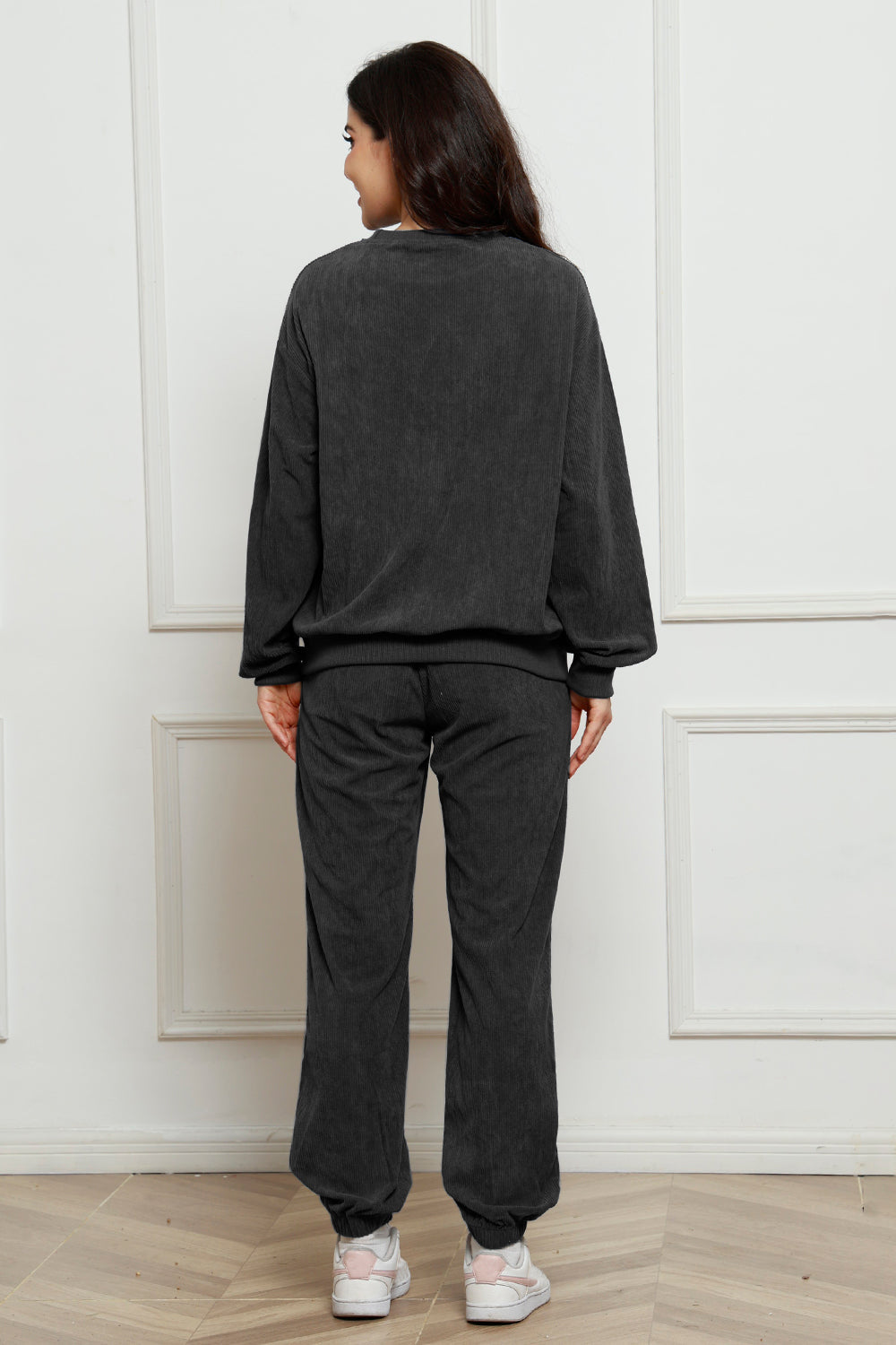 Dark Gray corduroy loungewear set with crewneck sweatshirt and cuffed pants.