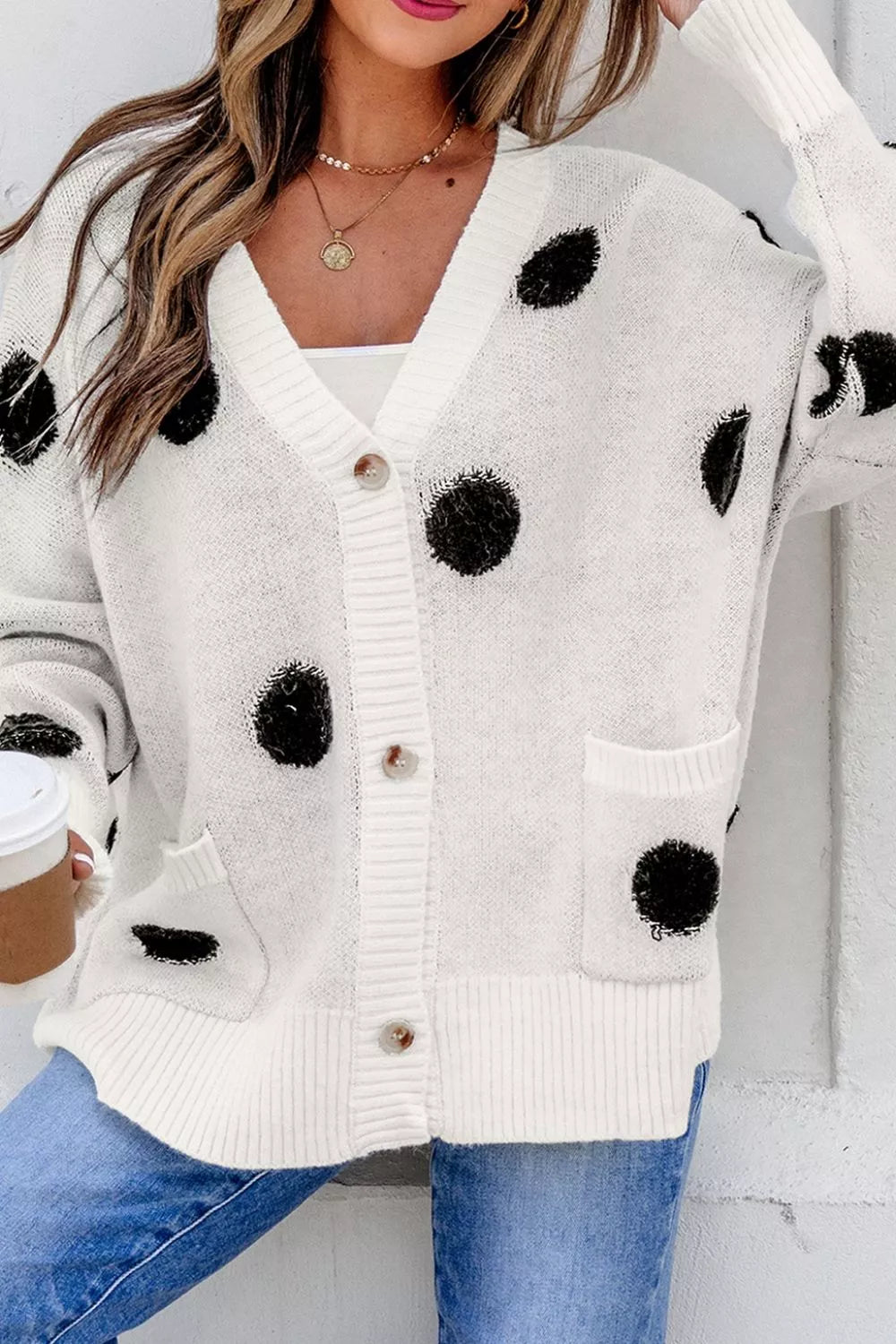 Polka Dot Button Up Cardigan in White, fit detail