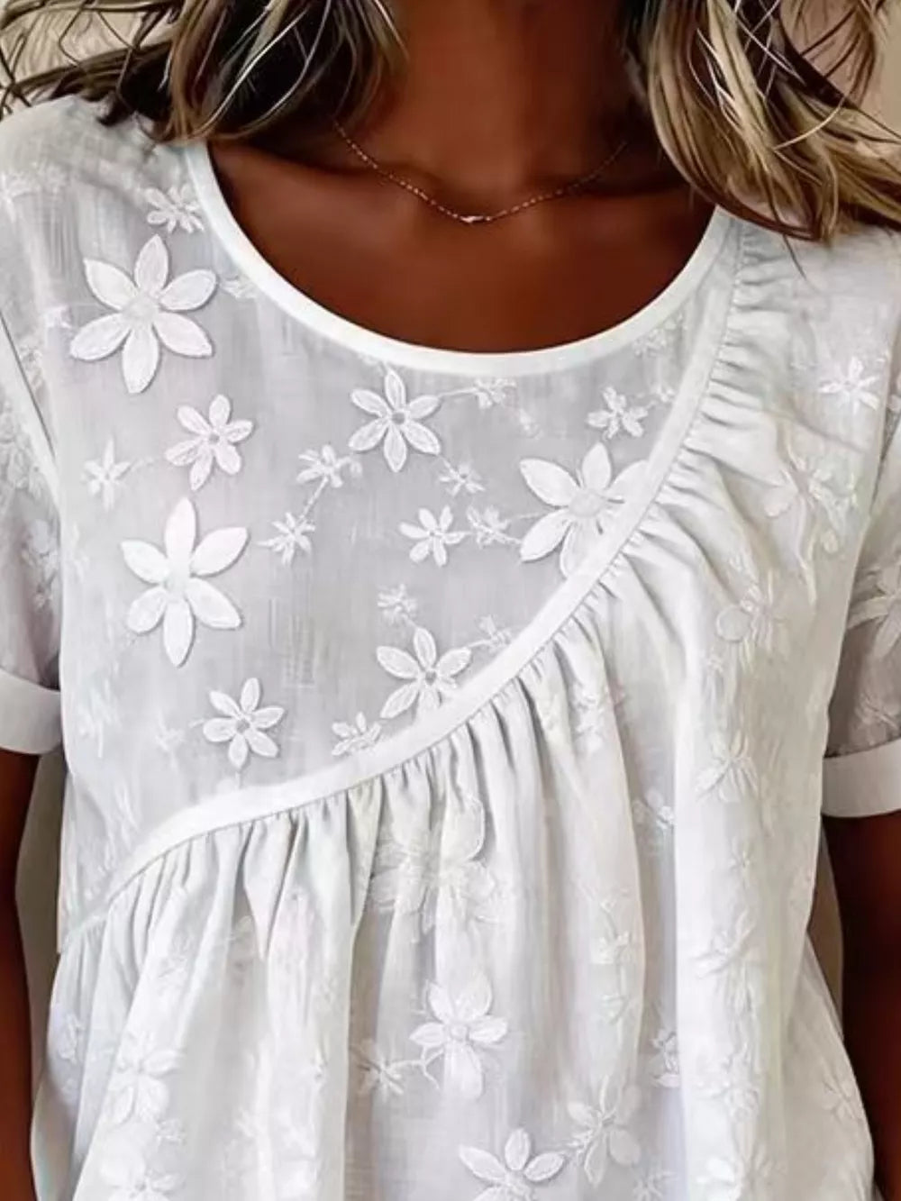 Floral Embroidered Round Neck Short Sleeve Top Plus Size in White, side view