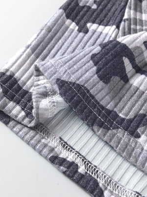 Gray ribbed knit camouflage tank top with visible stitching detail.