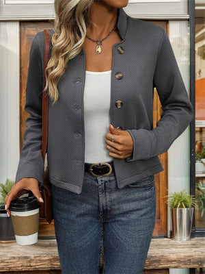 Dark gray ribbed stand-collar button-front blazer with a casual, chic style.