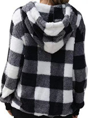 Plaid sherpa drawstring hoodie in black and white buffalo check with a fuzzy texture.