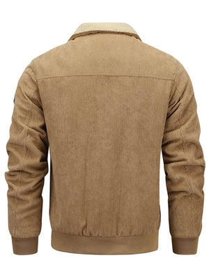 Men's camel corduroy bomber jacket with sherpa collar and ribbed cuffs.