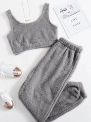 Cozy Plush Cropped Tank And Pants Lounge Set in Pink, fabric detail