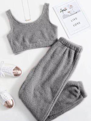 Cozy Plush Cropped Tank And Pants Lounge Set in Pink, fabric detail