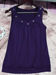 Purple V-neck ruched tank top with eyelet accents and a gathered hem.