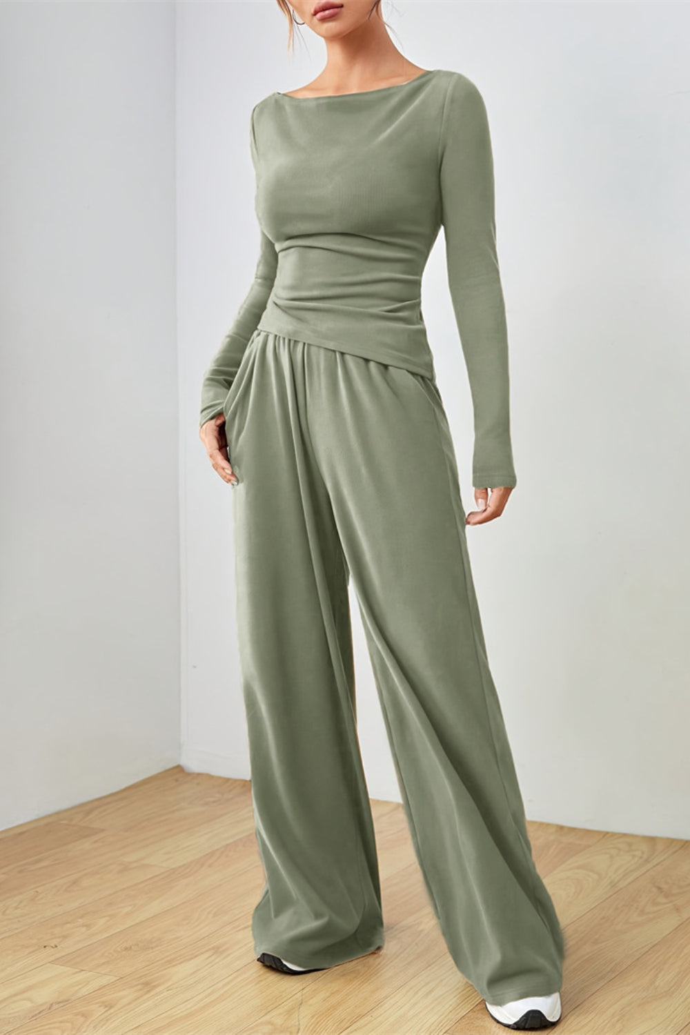 Matcha green boat neck loungewear set with long sleeves and wide leg pants.