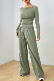 Matcha green boat neck loungewear set with long sleeves and wide leg pants.