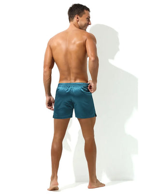 Men's satin boxer shorts in Peacock Blue, showing the back view.