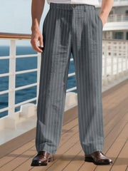 Men's grey pinstripe wide-leg sweatpants with a relaxed fit.