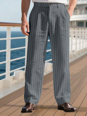 Men's grey pinstripe wide-leg sweatpants with a relaxed fit.