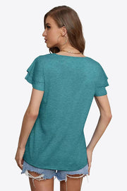 Tiered sleeve blouse in Air Force Blue with a rounded neckline.