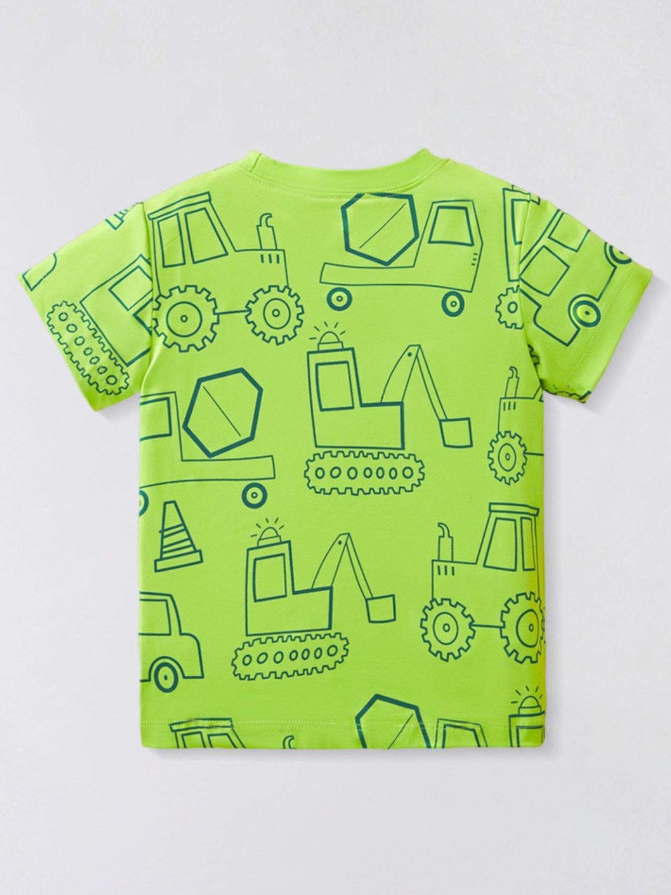 Toddler tee in lime green with a dark green construction vehicle outline all-over print.