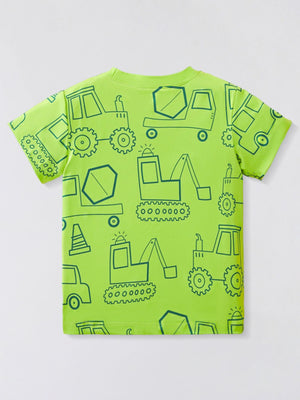 Toddler tee in lime green with a dark green construction vehicle outline all-over print.
