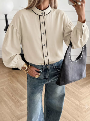 Contrast Trim Long Sleeve Shirt in Beige, front view