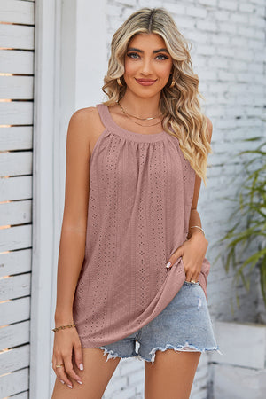 Dusty pink eyelet halter tank top with a relaxed fit and casual boho style.
