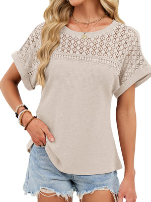 Apricot waffle knit t-shirt with eyelet detail on sleeves and chest, crew neck.