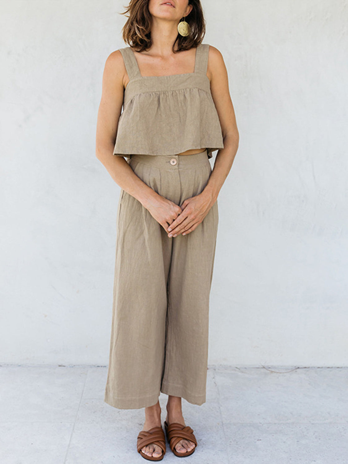 Khaki linen crop top and culotte co-ord set with square neckline and button detail.